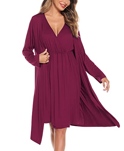 Image of SWOMOG Women Maternity Nursing Gown and Robe Set 3 in 1 Labor Delivery Nursing Nightgown for Breastfeeding Hospital Bathrobe