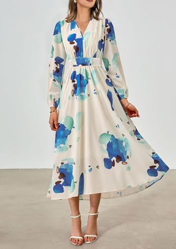 PRETTYGARDEN Women's Floral Midi Dress Casual Fall V Neck Long Sleeve Flowy Spring Beach Wedding Guest Vacation Dresses