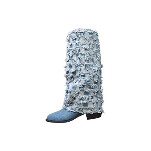 Botas de cano alto com bico fino e salto bloco com design de perna de calça para um visual moderno casual de inverno, Azul royal, 35