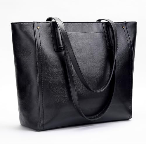 Morriloom Black Genuine Leather Work Tote Bags For Women Large Tote Bag With Zipper Real Leather...