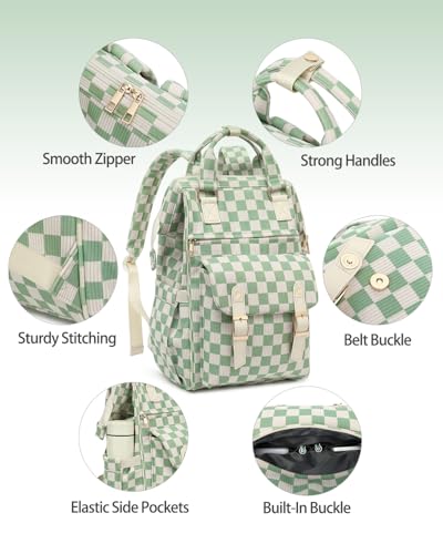 Mochila de laptop para mujeres terciopelo a cuadros verde miniatura 7