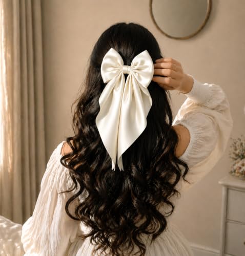 Image of 2 Pack Off White and Green - Hair Bows, Bow Clips for Women - Hair Clips, Luxury Satin Hair Bow Clips for Girls, Hair Clip - Cute Hair Accessories for Girls