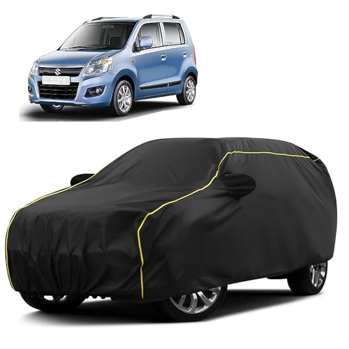 Image of Sulfar 100% Water Resistant Car Body Cover Compatible with Mirror for Maruti Suzuki New Wagonr (2010 (Triple Stitched, Full Bottom Elastic, Black Taffeta with Yellow Piping)