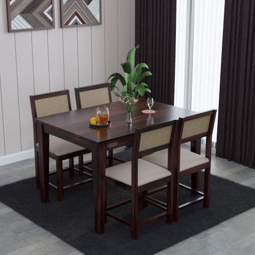 Image of DRIFTINGWOOD Amber Solid Sheesham Wood 4 Seater Dining Table Set with Rattan Back Chairs | Beige Velvet Cushioned Seating for Home & Dining Room (Walnut Finish, DIY)