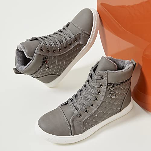 Hash Bubbie Women's High Top Sneakers Lace Up Pu Leather Fashion Shoes Black Boots Fuzzy Ankle Booties With Zipper（Grey.us7） #TOP7