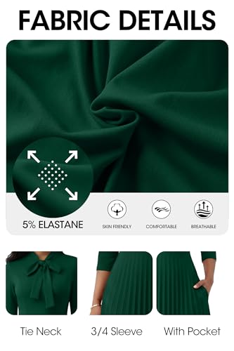 Image of FANDEE Maxi Dress for Women Formal 3 /4 Sleeve Pleated Empire Long Dress Semi Formal Tie Neck Office Work Dresses