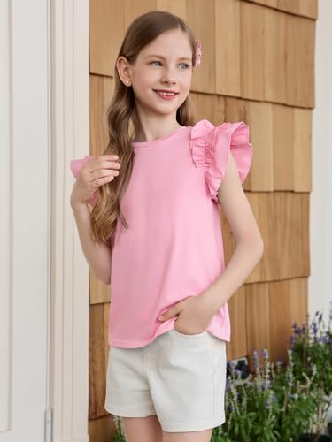 Image of Haloumoning Girls T Shirts Double Layer Ruffle Short Sleeve Kids Summer Crewneck Tunic Tee Tops 5-14 Years