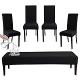 FORCHEER Dining Chair Covers and Bench Covers Set Waterproof Black Jacquard Washable Parsons Chair Slipcover Removable Seat Protector for Dining Room- 4 PCS Chair Cover+1 PC Bench Cover