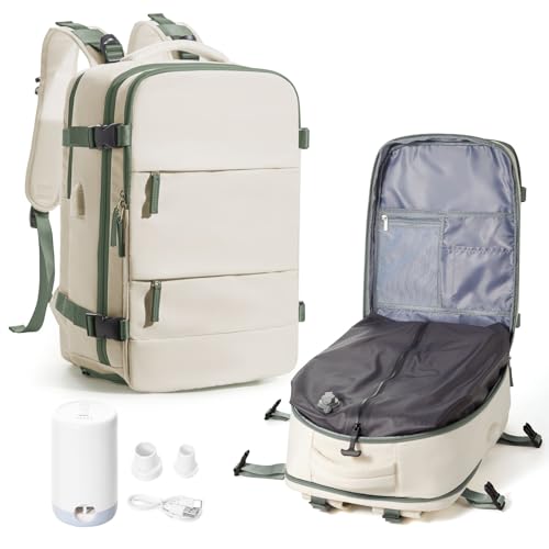 Image of Vacuum Backpack Travel with Pump for Women,Flight Approved 18x14x8 inches,Travel Backpack with Vacuum System,15.6 Inches Laptop Bag,Rice White with Green
