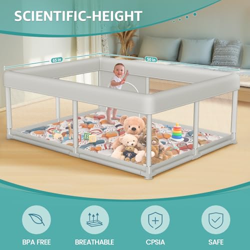 Image of 65 x 50 Inch Baby Playpen with Mat, PlayPen for Babies and Toddlers, Sturdy Safety Play Yard for Indoor & Outdoor with Zipper Gates
