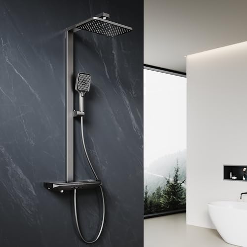 ELEGANT Thermostatic Shower Mixer Set with Digital Temperature Display, 12" Square Rainfall Shower Head, 3 Modes Square Shower Head, Tub Spout, Anti-Leak Hose, Anti-Scald,Easy Install