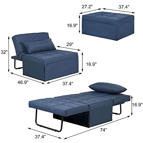 Ottoman Convertible Sofa Bed 4 in 1 Design Multi-Function 5-Level Adjustable Ottoman Recliner Guest Sofa Chair Bed Bench with Pillow for Bedroom Small Room and Apartment (Blue)