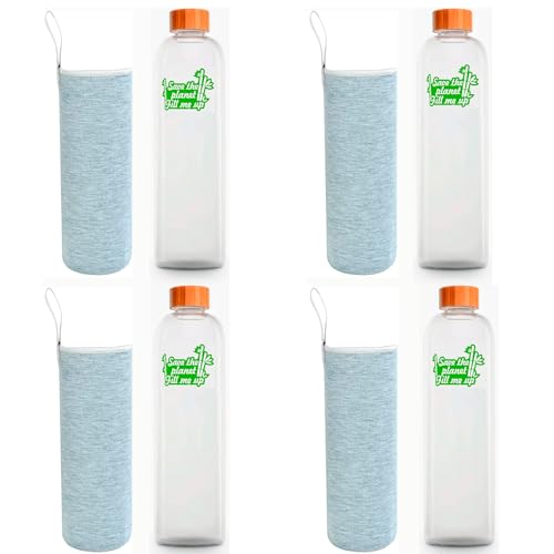 Botella de Agua Cristal con Tapón de Bambú Botella Vidrio Borosilicato Ecológica Reciclable Reutilizable Libre de Tóxicos sin BPA (4 x Botella con lema + Funda gris, 1500 ml)