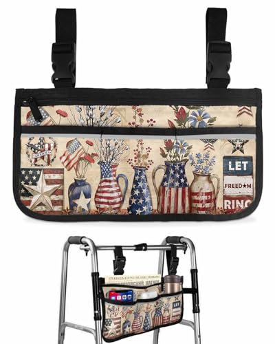 Patriotic Bottle Floral Wheelchair Side Bag, Vintage Country American Flag Wheelchair Walker Armrest Bags with Cup Holder & Reflective Stripes, Mobility Scooter Walker Rollator Wheelchair Accessories
