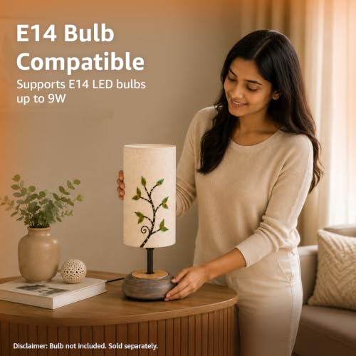 Image of Amazon Basics Twig & Leaf Table Lamp | Grey Base with Floral Branch Fabric Shade | E14 Holder | Decorative Night Lamp for Bedroom, Living Room & Study Room | Home Decor Gift
