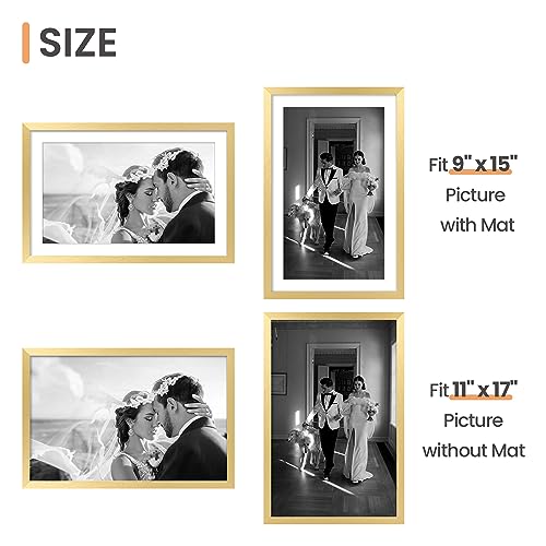 Image of upsimples 11x17 Picture Frame Set of 5, Display Pictures 9x15 with Mat or 11 x 17 Without, Wall Gallery Poster Frames, Gold