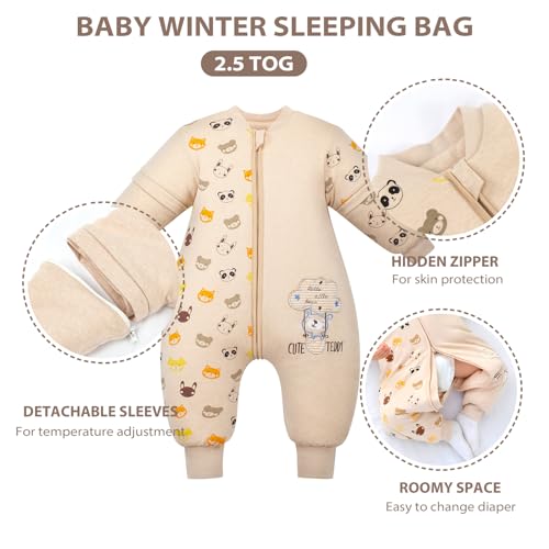 Mosebears Saco de dormir para bebé – 2,5 TOG saco de dormir de algodão unissexo para bebés, com mangas removíveis, 18-36 meses (altura 85-95 cm)