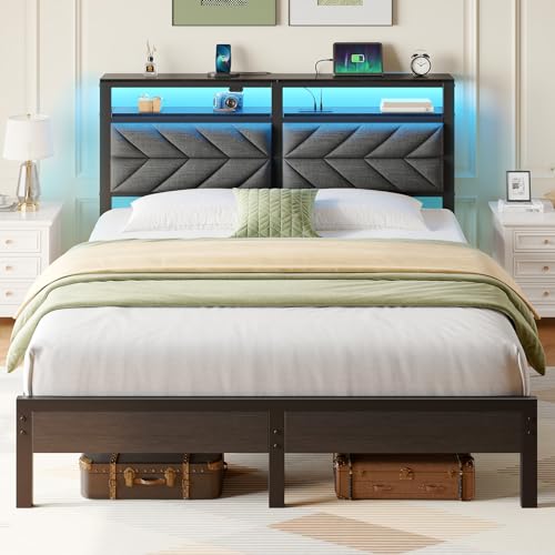 Image of Seventable Full Size Bed Frame with Charging Station & LED Lights, Upholstered Headboard with Storage Shelves, Metal Platform with Under Bed Storage, No Box Spring Needed, Easy Assembly, Dark Grey