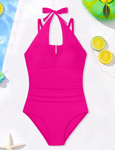 Image of Girls Swimsuit Halter One Piece Swimsuits Solid Ruched Bathing Suit for Girls Quick Dry Summer Beach Swimwear 11-18Y