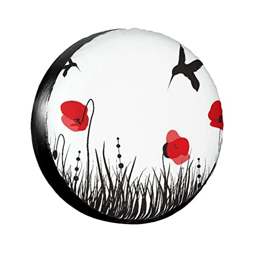 747 Rueda Cubierta Protectora Resumen Colibrí Amapola Flor Campo Grunge Silueta Lámina Artística Antipolvo Eumático De Repuesto Cubierta UV-Proof Funda Protectora para Ruedas para Coches 15inch