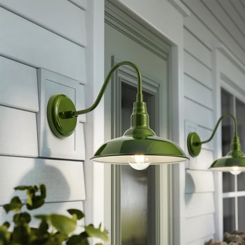 Image of 14 Inch Dome Outdoor Gooseneck Barn Lights Olive Green Farmhouse Exterior Wall Lights for Porch, 2Pack Patio Barn Style Wall Mount Gooseneck Lighting for House, Garage