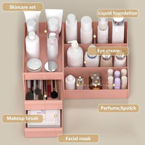 Image of INOVERA Makeup Organizer with Drawers | Countertop Cosmetics Display Case for Dressing Table | Vanity storage Holder Box (Pink)