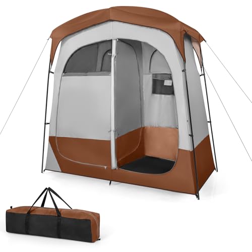 COSTWAY Double-Room Camping Shower Tent, Privacy Toilet Tents with Removable Rain Fly, Pocket, Clothesline, Top Hook, Carry Bag & Mesh Window, Outdoor Changing Room Beach Sunshade Shelter