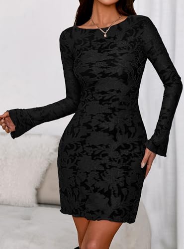 Image of PRETTYGARDEN Women's Fall Floral Long Sleeve Mini Dress | Printed Sheer Mesh, Bell Sleeve Boat Neck, Bodycon Short Dresses, Party Date Night, Cute Casual Outfits, Fashion Clothing