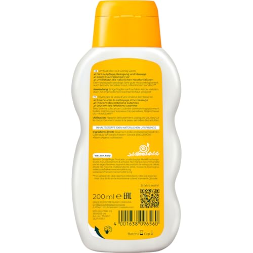 2. Bild von WELEDA Bio Baby Calendula Pflegeöl parfümfrei - veganes Naturkosmetik Babyöl mit Sesamöl zur Pflege & Massage von Babys. Körperöl zum Schutz vor Hautreizungen, Wundwerden & trockener Haut (1x200ml)