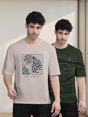 Image of BULLMER Trendy Front and Back Printed Oversized Round Neck T-Shirt for Men - Pack of 2