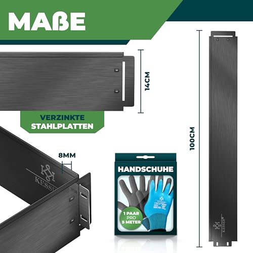 KESSER® Rasenkante Beeteinfassung Beetumrandung + Handschuhe 5m 100x14cm Beetbegrenzung Rasenbleche Mähkante Metall Palisade Schwarz