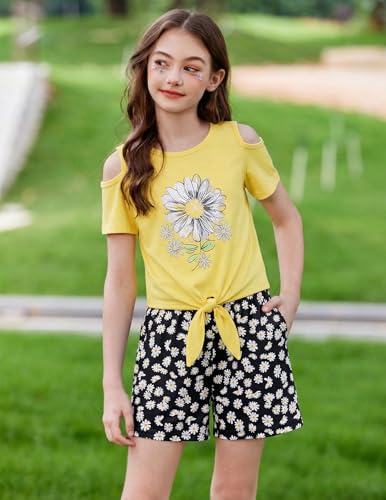 Image of Arshiner Girls Short Sets 2 Pieces Outfits Short Sleeve Tie Knot T-Shirts and Casual Shorts With Pockets Cute Clothes Sets