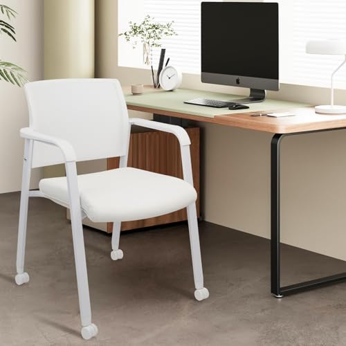 Image of CLATINA Rolling Conference Chairs, 4 Pack Stackable with Wheels and Paddle, Ergonomic Mesh Back and Arms for Meeting, Conference, Training Room & Home Office (White)