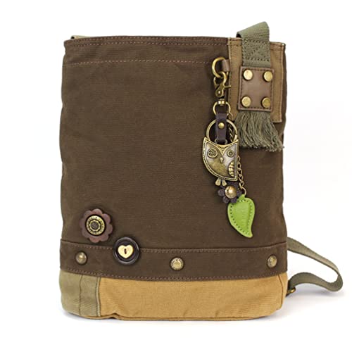 CHALA Patch Cross-Body Women Handbag, Canvas Messenger Bag, Metal Charming Owl - Dark Brown