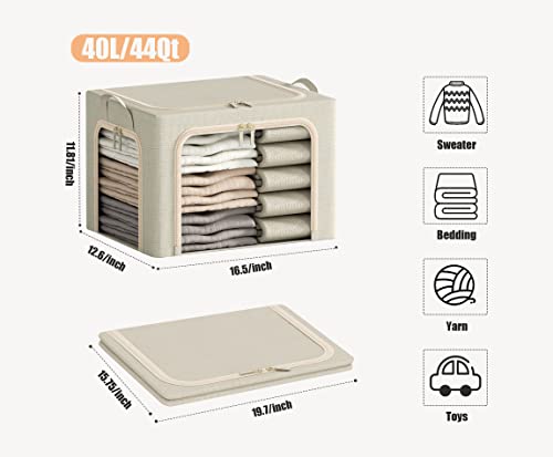 Image of 3 Openings Clothes Storage Bins with Metal Frame, Foldable Storage Bin for Clothes, Clothing Storage Bins with Lid, Linen Storage Box With Clear Window& Zippers& Durable Handles.(3 Pcs,Beige,40L)