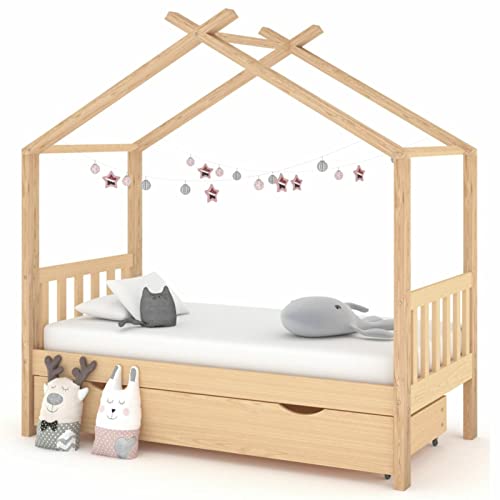 Festnjght Cama Infantil Tipo Montessori, Estructura Con Cajones, Casita de Madera Natural para Niño y Niña, 80x160 cm