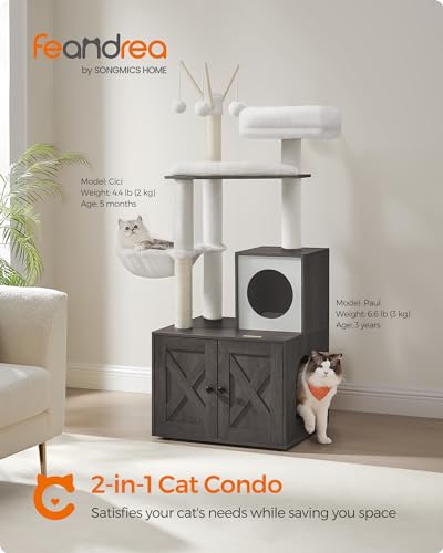 Image of Feandrea Cat Tree with Litter Box Enclosure, 59-Inch Modern Cat Tower | 2-In-1 Condo with Scratching Posts, Washable Removable Cushion, Misty Gray UPCT113G02