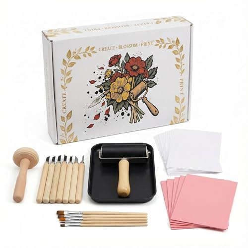 Lnncdsc Linocut Kit for Beginners & Adults – Complete Block Printing Supplies with Carving Tools, Brayer, 5 Pack 4×6 inch Linoleum Blocks for DIY Stamp Making, Home Art Projects, Classroom Crafts.