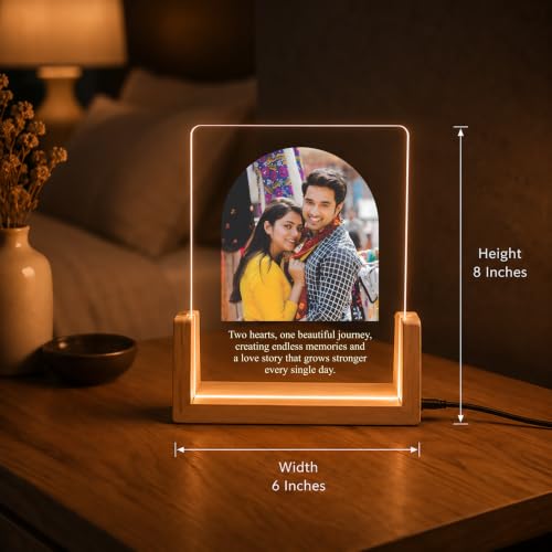 Image of Giftplease Personalized LED Acrylic Photo Frame with Custom Photo & Text | Engraved Acrylic Picture Lamp | Wooden Base | USB Warm LED Night Light | Anniversary, Wedding, Birthday, Couple, Home Decor