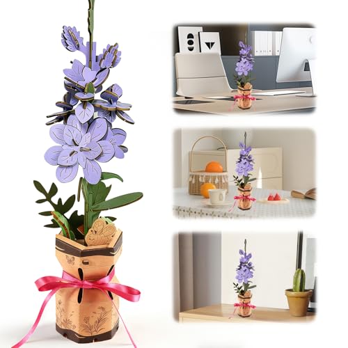 PetalPulse Puzzle Fleur 3D en Bois, Kit Fleur Artificielle à Assembler, Modèle de Décoration Maison, Kit Puzzle Créatif, Décorations intérieures, Facile à Assembler (Lilac)