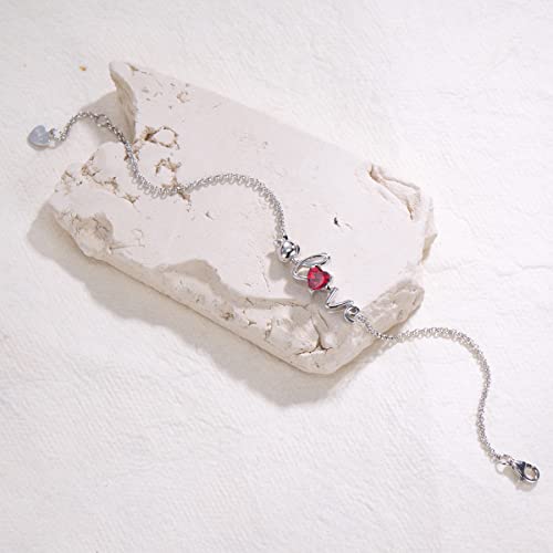 Leva Jewkis Sterling Silver Birthstone Bracelets Rose Love Created Ruby Gemstone July Birthstone Dainty Charm Link Birthday Anniversary Jewelry For Women Girls 6.7+1.2 Inches #TOP3