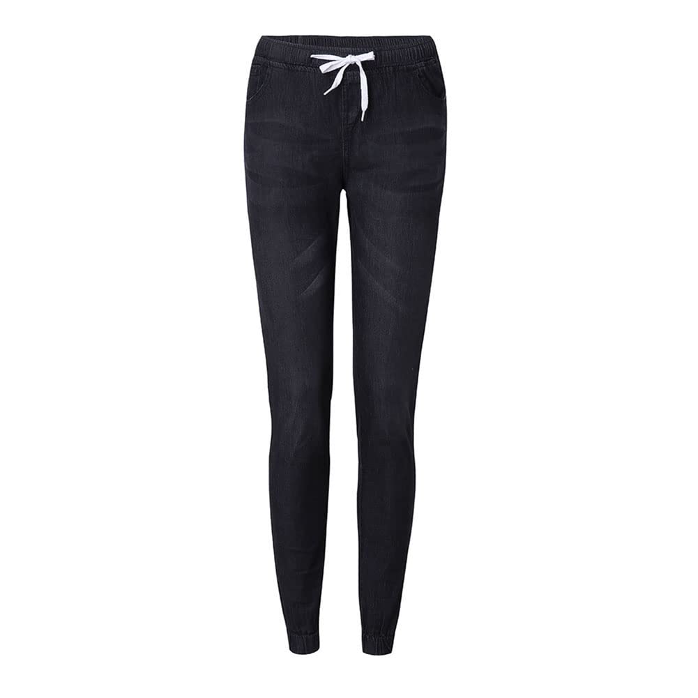 Damskie dżinsy o średniej talii Straight Slim jednokolorowe duże rozmiary Baggy Denim spodnie prosty stretch z gumowym ściągaczem, kieszenie basic, długie rurki z gumowym ściągaczem, sznurek