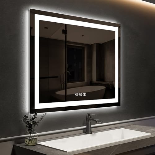 ROOMTEC 36 x 36 Inches LED Bathroom Mirror with Front and Backlit,Anti-Fog,3 Colors and Dimmable Light(Horizontal/Vertical), Silver