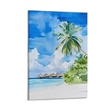 Maldivas - Bungalows sobre el agua, playa, isla tropical, paisaje, pinturas en lienzo, póster para sala de estar, dormitorio, baño, oficina, decoración del hogar, 30 x 45 cm