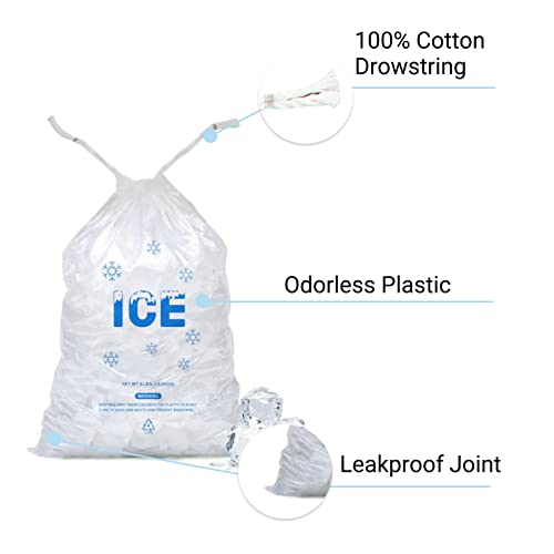 Image of 100 PACK 8 lb. Plastic Ice Bags with Cotton Draw String 11 x 19 Inch Heavy-Duty Plastic Ice Storage Bags with Draw String (2mil Thickness)
