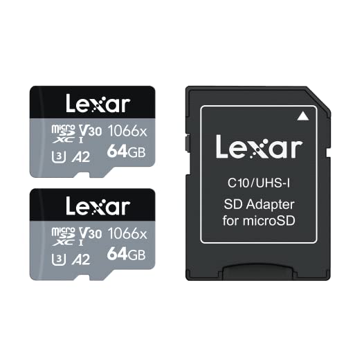 Lexar Professional 1066x 64GB (2-Pack) microSDXC UHS-I Card w/SD Adapter Silver Series, Up to 160MB/s Read, for Action Cameras, Drones, High-End Smartphones and Tablets (LMS1066064G-B2ANU)