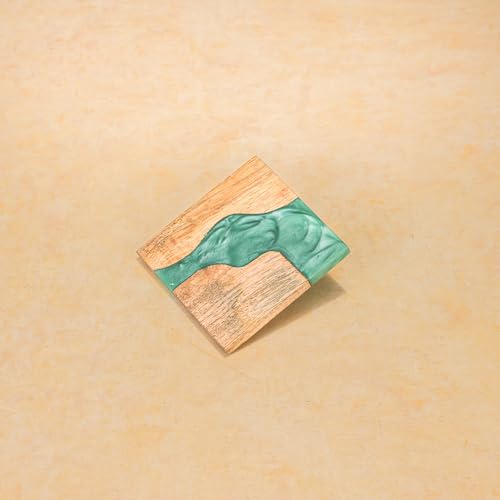 Image of Ireka Home Blue Wave Coasters (Set of 4) - Mango Wood & Turquoise Blue Resin, Coastal Tranquility Design - Elegant Kitchen & Coffee Table Decor for Coffee Cups, Mugs & Glasses