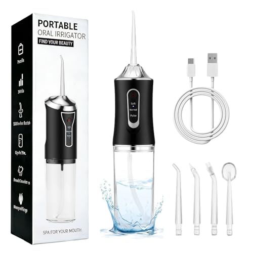 Irrigador Dental Portatil Bucal, Recargable Irrigadores Dentales Portatil, Impermeable Irrigador-Dental, Water Flosser, Limpiador Dientes Agua Presion 4 Boquillas 1 Cable de Carga - Negro