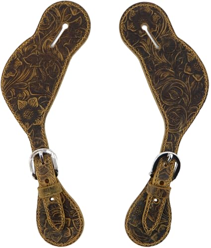 Jeereal Leather Western Spur Straps for Cowboy | Men and Women's Boots Equipment | Double Ply Reinforced Stitching Spur Straps (Dark Brown | Pattern)