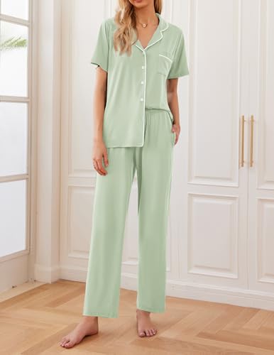 Image of Ekouaer Womens Pajamas Set Short Sleeve Button Down Top & Pants Lounge Pjs | Soft Sleepwear with long pants, ideal for Home relaxation, Wedding, Party, Daily Wear & Breastfeeding